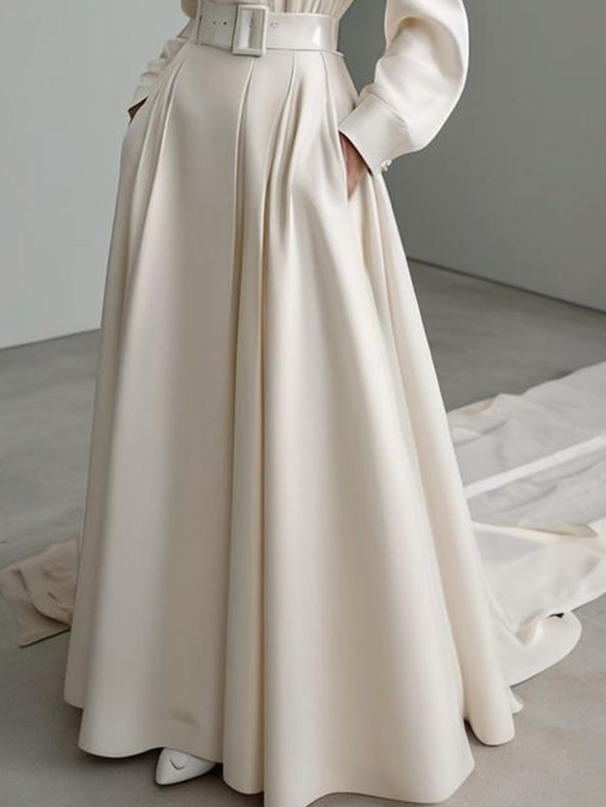 Elegant Notch Lapel Slant Pocket Belt Long Sleeve Maxi Dress