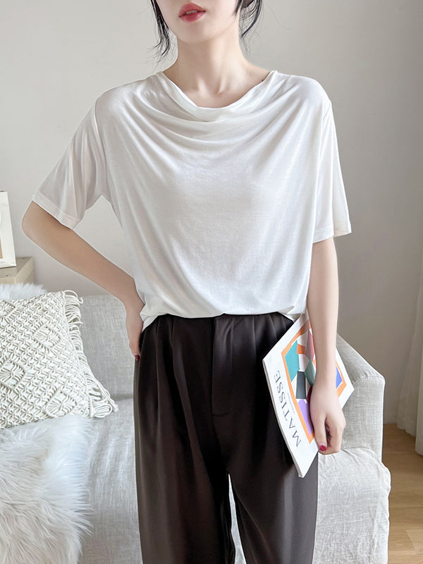 Short Sleeves Pleated Solid Color Heaps Collar T-Shirts Tops