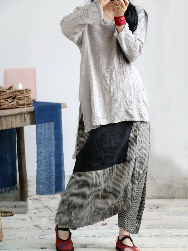 Vintage Plaid Split-joint Cropped Linen Pants