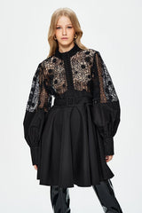 Myra Hollow Embroidered Lace Belted Mini Shirt Dress