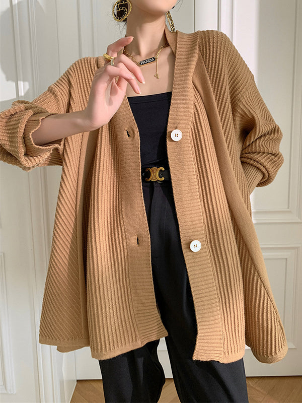 Stylish A-Line Long Sleeves Loose Solid Color V-Neck Cardigan Tops