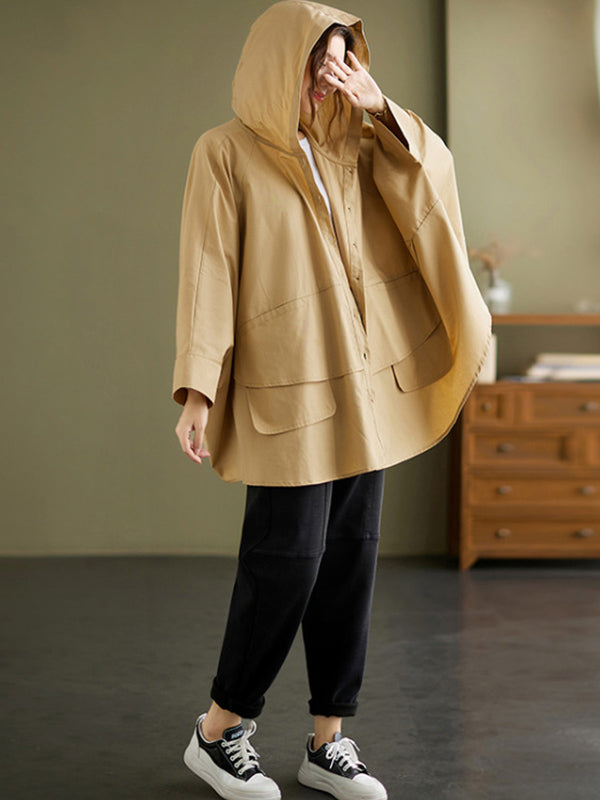 Loose Solid Color Buttoned Hooded Long Sleeves Trench Coat