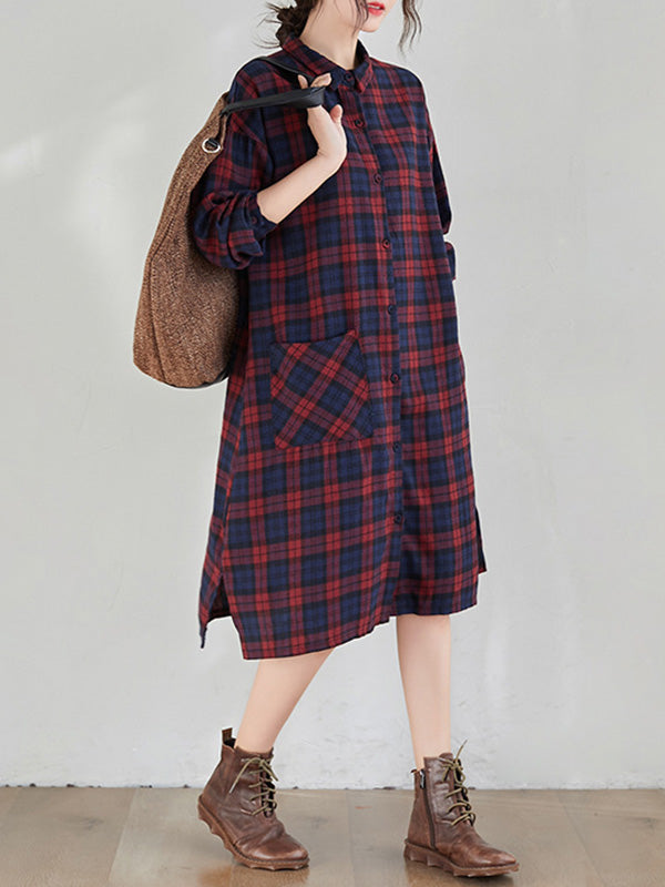 Original Plaid Lapel Shirt Dress