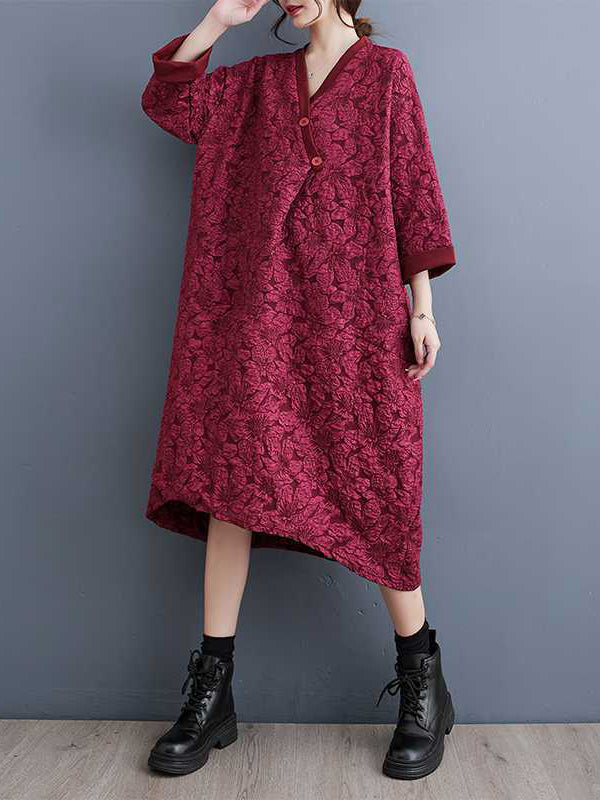 A-Line Half Sleeves Asymmetric Buttoned Jacquard V-Neck Midi Dresses