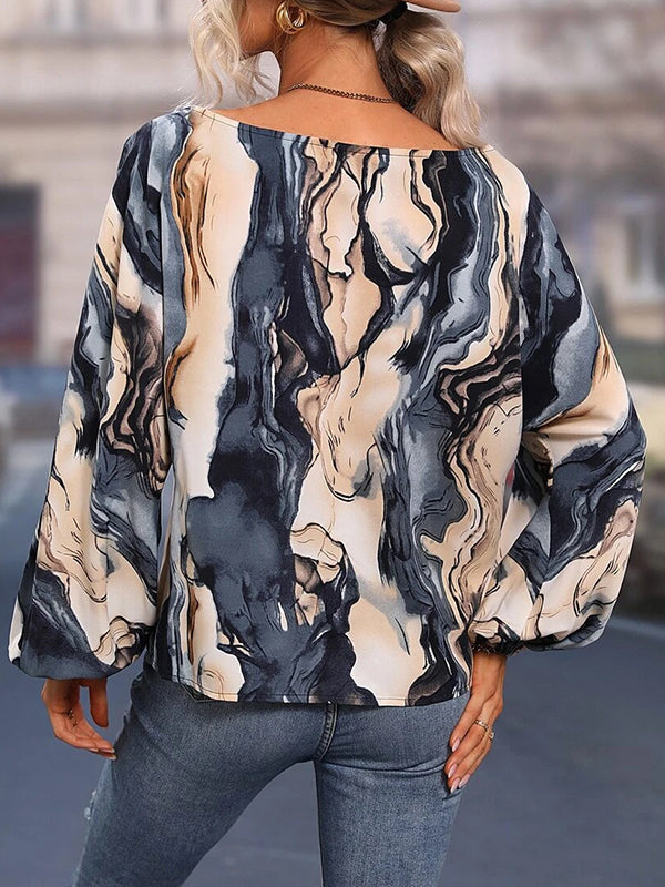 Long Sleeves Loose Asymmetric Printed One-Shoulder Blouses&Shirts Tops