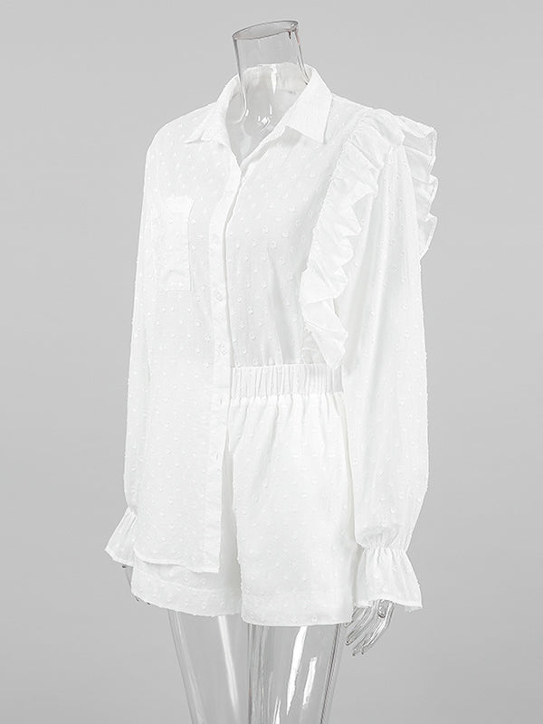 Loose Solid Color Jacquard Ruffled Split-Joint Lapel Blouse + High Waisted Shorts Two Pieces Set