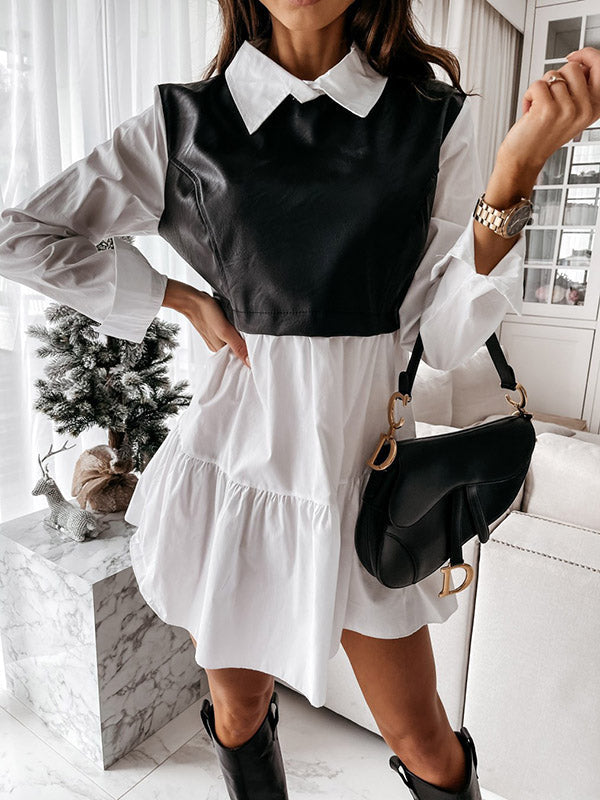 Long Sleeves Loose Contrast Color Pleated Split-Joint Lapel Mini Dresses