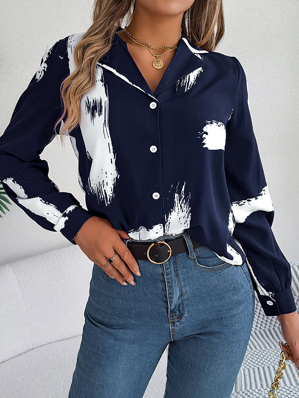 Long Sleeves Loose Buttoned Printed Notched Collar Blouses&Shirts Tops