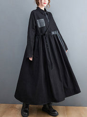 Original Loose Denim Split-Joint Tied Lapel Collar Long Sleeves Midi Dress