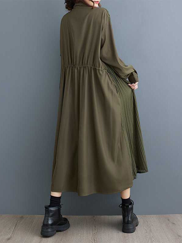 A-Line Long Sleeves Buttoned Pleated Pockets Split-Joint Lapel Midi Dresses Shirt Dress