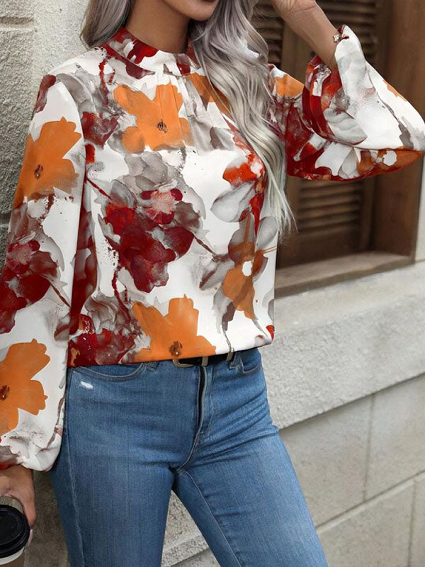 Long Sleeves Loose Elasticity Flower Print Pleated Mock Neck Blouses&Shirts Tops