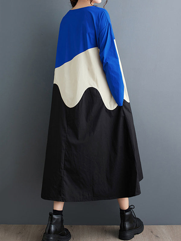 A-Line Long Sleeves Asymmetric Contrast Color Split-Joint Round-Neck Midi Dresses