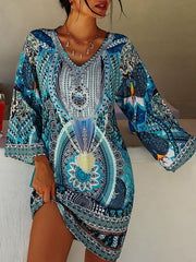 A-Line Flared Sleeves Printed Split-Joint V-Neck Mini Dresses