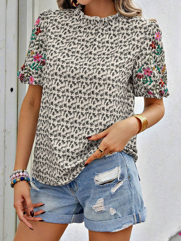 Loose Short Sleeves Elasticity Embroidered Flower Print Pleated Split-Joint Mock Neck T-Shirts Tops