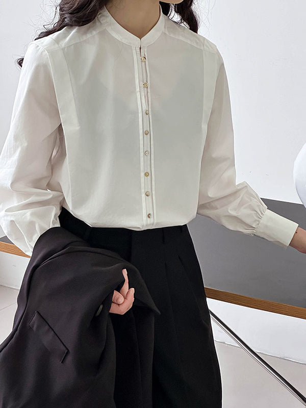 Long Sleeves Loose Buttoned Split-Joint Round-Neck Blouses&Shirts Tops