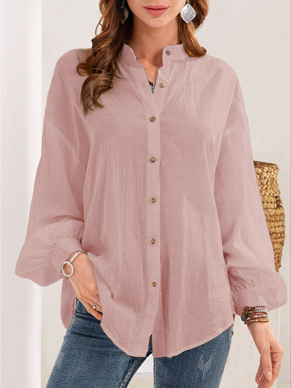 Long Sleeves Loose Buttoned Mock Neck Blouses&Shirts Tops