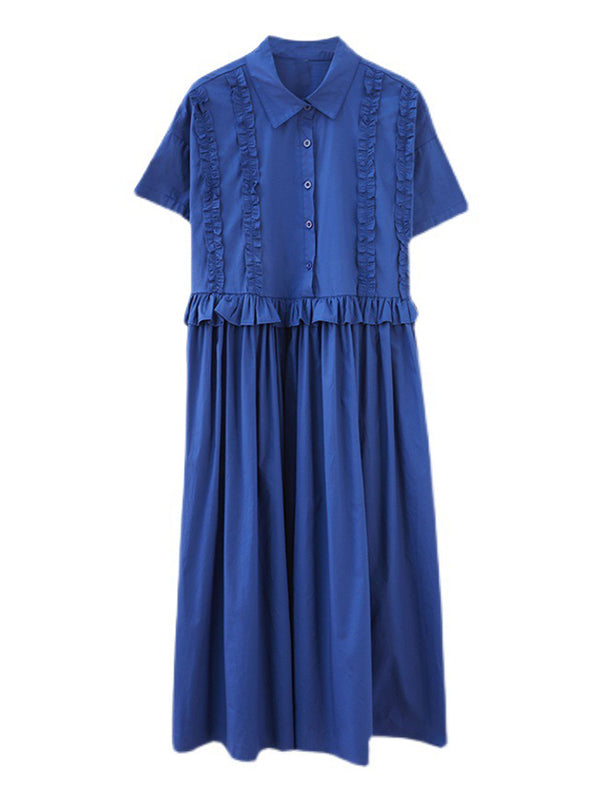 Simple Short Sleeves Loose Buttoned Falbala Split-Joint Solid Color Midi Shirt Dress