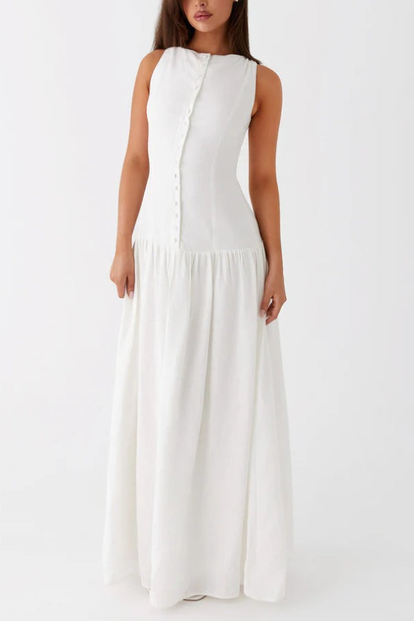 Unforgettable Evening Linen Blend Button Up Drop Waist Maxi Dress