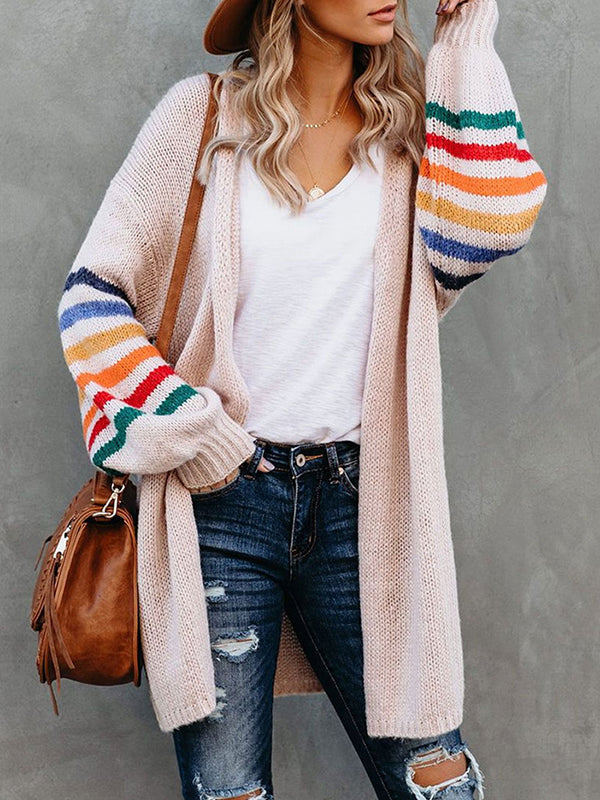 Long Sleeves Loose Colorful Contrast Color Striped Collarless Cardigan Tops