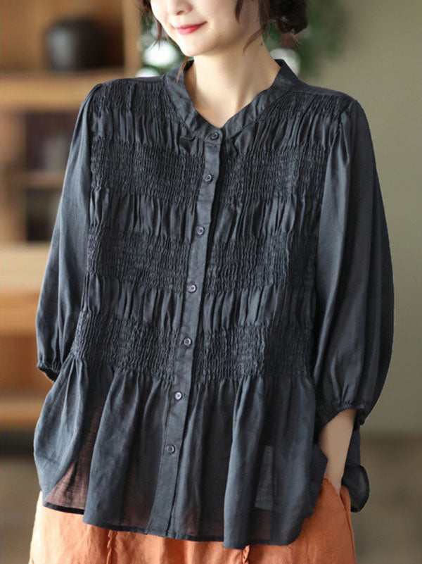 Loose Three-Quarter Sleeves Pleated Solid Color Split-Joint Stand Collar Blouses&Shirts Tops