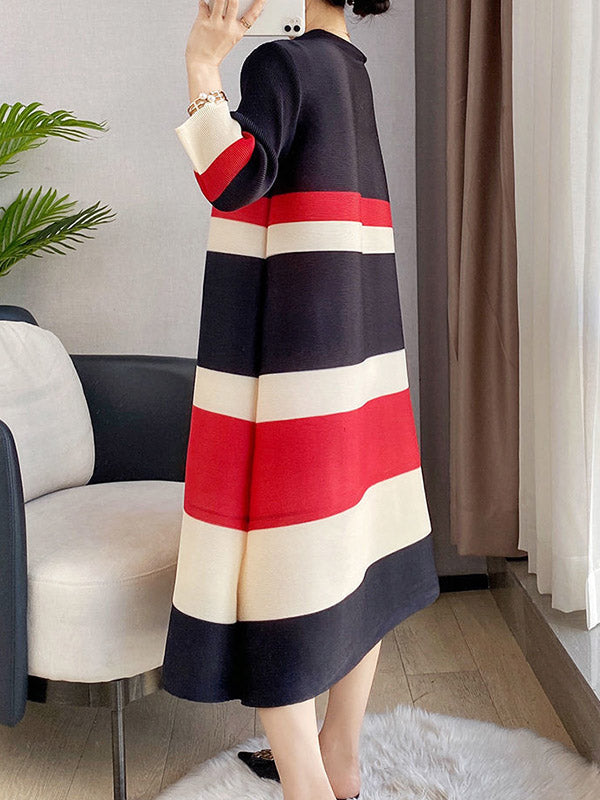 A-Line Loose Pleated Striped Round-Neck Midi Dresses