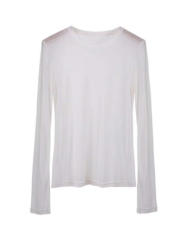 Long Sleeves Skinny See-Through Solid Color Round-Neck T-Shirts