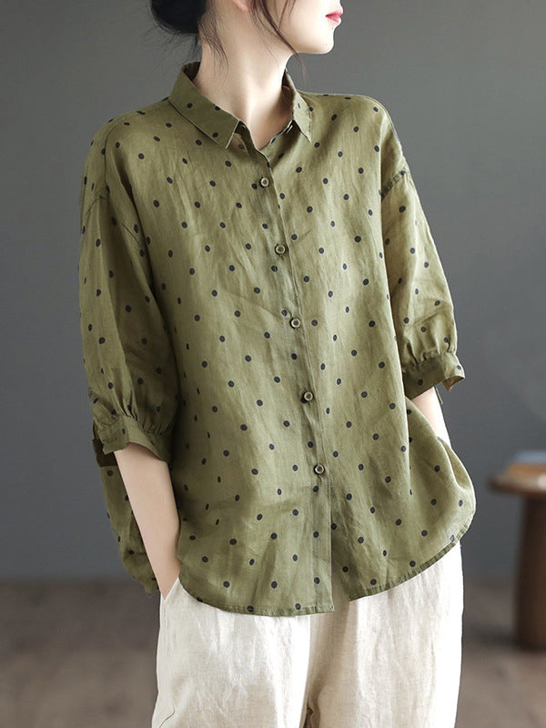 Half Sleeves Loose Polka-Dot Lapel Blouses&Shirts Tops