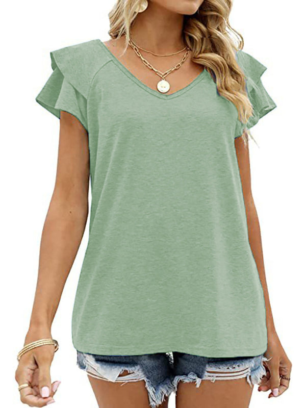 Loose Ruffle Sleeves Double Layered Solid Color Split-Joint Round-Neck T-Shirts Tops