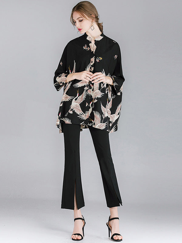 Original Crane Printed Buttoned Stand Collar Half Sleeves Blouse