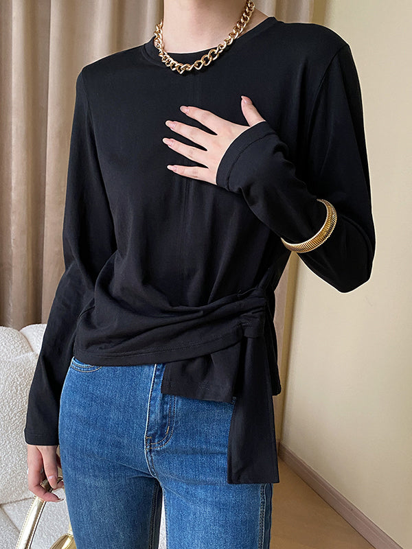 Long Sleeves Asymmetric Bowknot Solid Color Round-Neck T-Shirts Tops