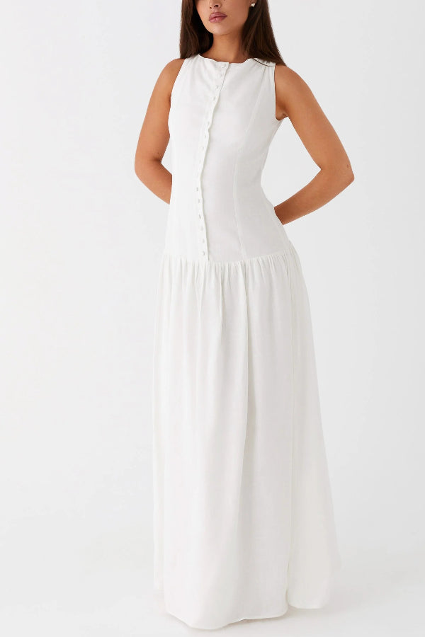 Unforgettable Evening Linen Blend Button Up Drop Waist Maxi Dress