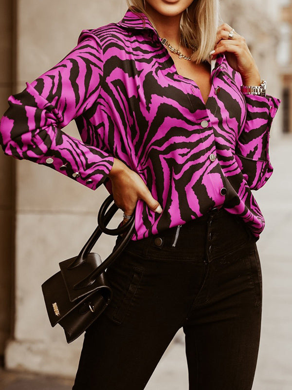 Long Sleeves Loose Printed Zebra-Stripe Lapel Blouses