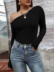 Long Sleeves Skinny Solid Color One-Shoulder T-Shirts Tops