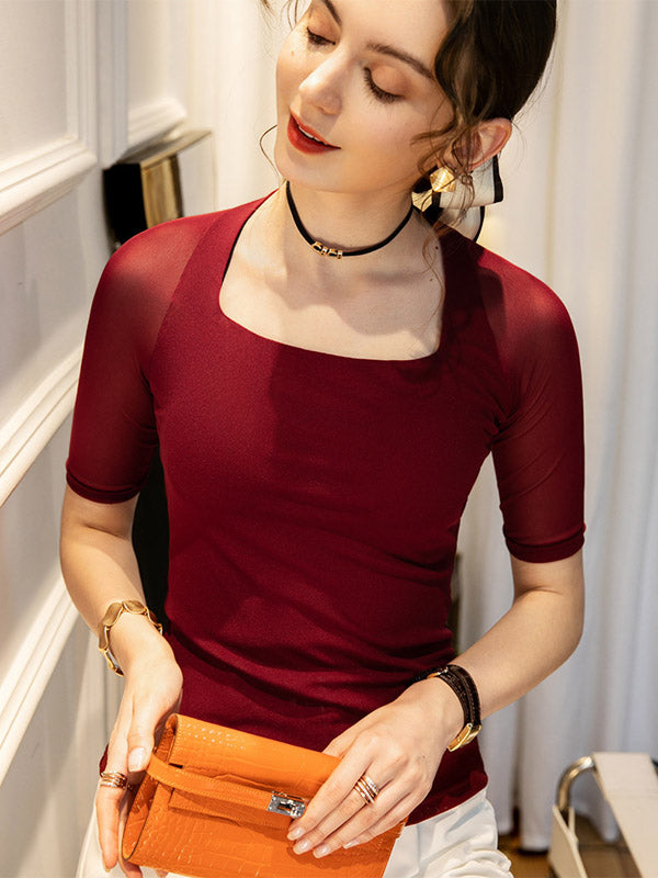 Simple Solid Color Square-Neck Half Sleeves Shirt