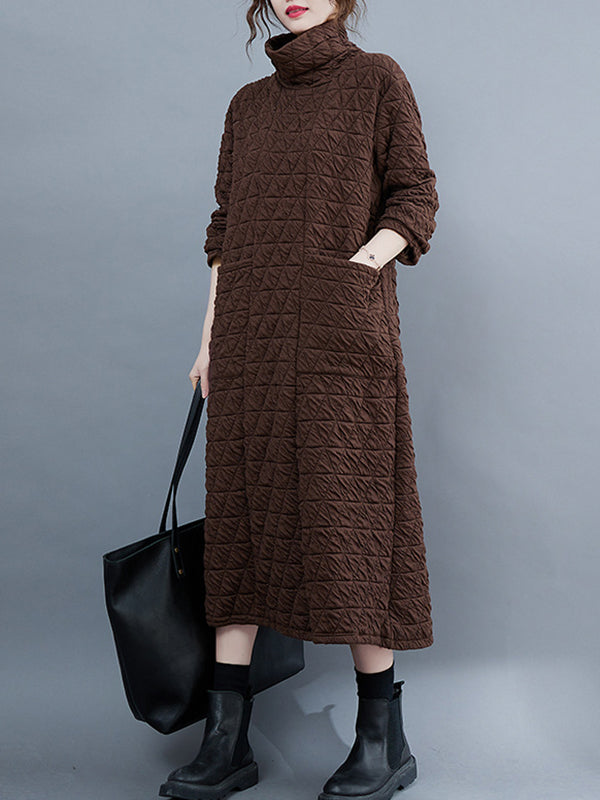 Casual Long Sleeves Loose Solid Color Textured High-Neck Cotton Padded Midi Dresses