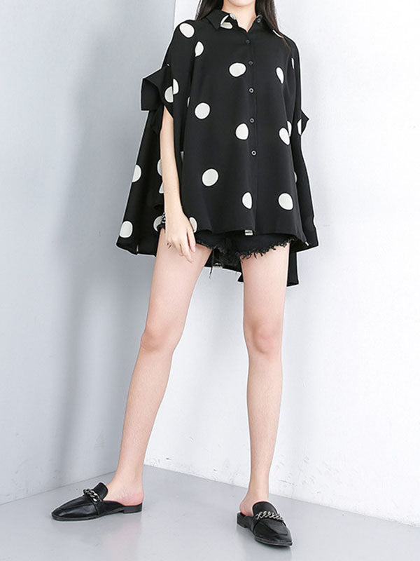 Batwing Sleeves High-Low Polka-Dot Lapel Blouses&Shirts Tops