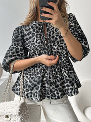 Half Sleeves Loose Elasticity Leopard Pleated Split-Joint Tied Round-Neck Blouses&Shirts Tops