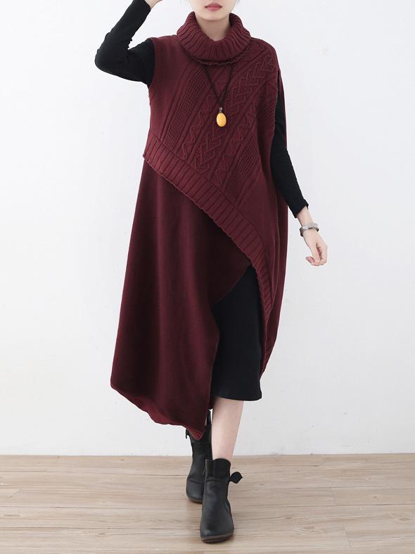 Casual Vintage Knitting High-Neck Sleeveless Dress