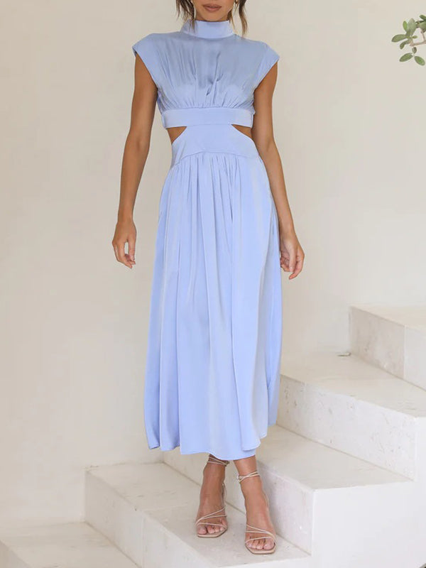 Cap Sleeve Belly-Hollow Pleated Solid Color Stand Collar Maxi Dresses