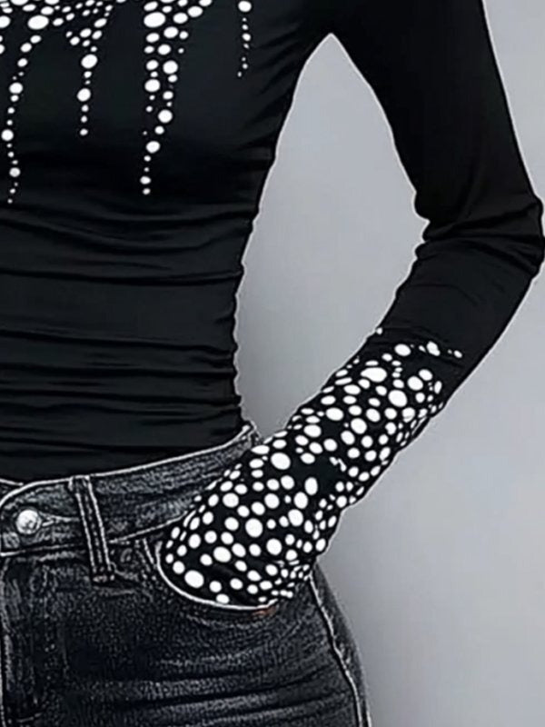 Long Sleeves Skinny Printed High-Neck T-Shirts Tops