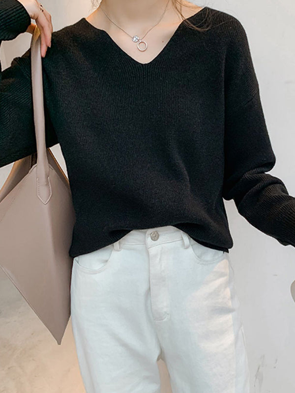 Casual Loose Long Sleeves Solid Color V-Neck Sweater Tops