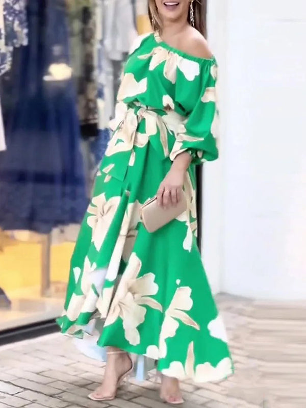 High-Low Long Sleeves Elasticity Flower Print Split-Joint Tied Waist Round-Neck Maxi Dresses