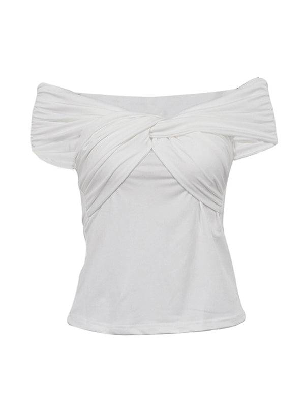 Short Sleeves Skinny Knot Pleated Solid Color Split-Joint Boat Neck T-Shirts Tops