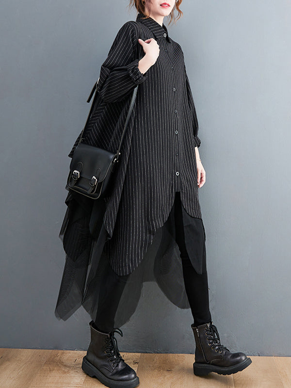 Loose Striped Gauze Split-Joint Lapel Long Dress