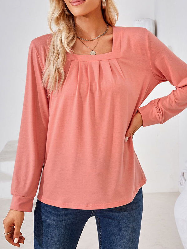 Long Sleeves Loose Pleated Solid Color Square-Neck T-Shirts Tops