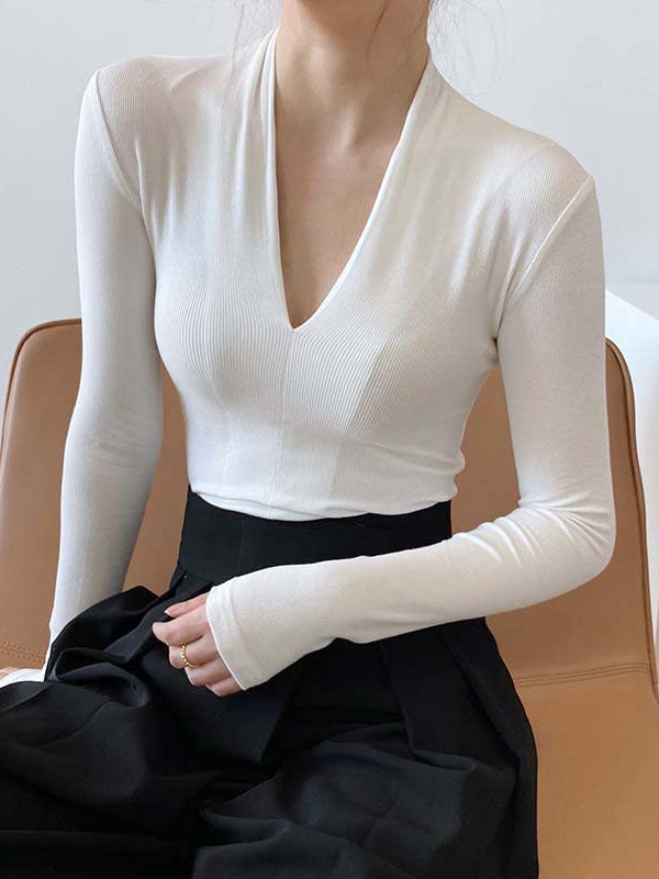 Long Sleeves Skinny Solid Color V-Neck T-Shirts Tops