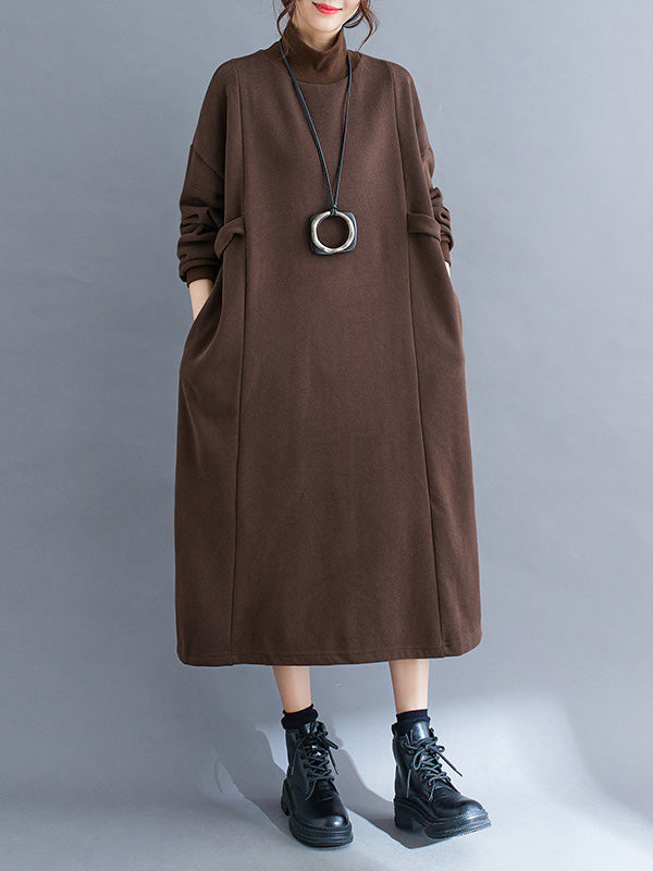 A-Line Long Sleeves Solid Color Mock Neck Midi Dresses