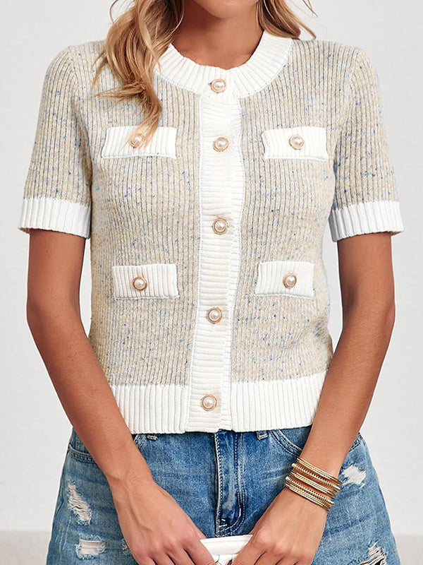 Short Sleeves Buttoned Pockets Split-Joint Round-neck Cardigan Tops