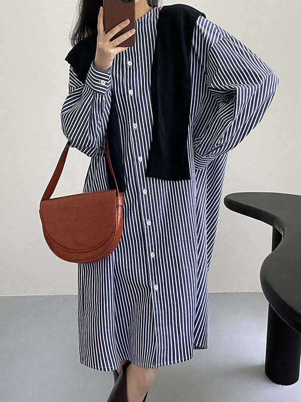 Long Sleeves Loose Striped Round-Neck Midi Dresses Shirt Dress