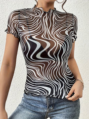 Short Sleeves Skinny Mesh Ruffle Trim See-Through Split-Joint Striped Mock Neck T-Shirts Tops